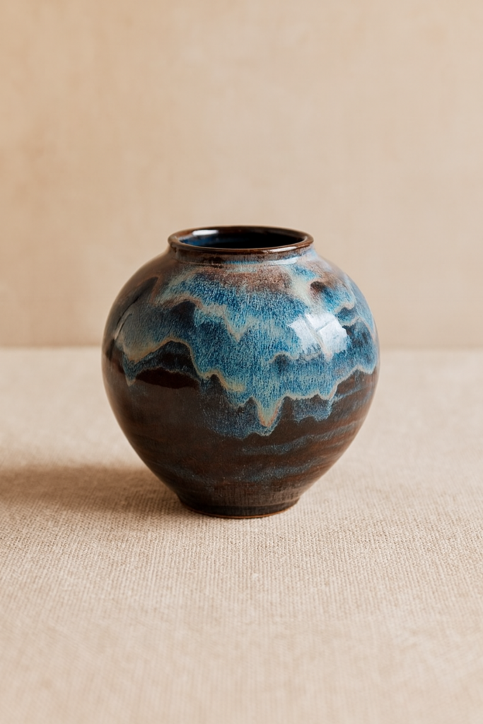 Handmade Ceramic Vase with Blue Drip Glaze - View 3