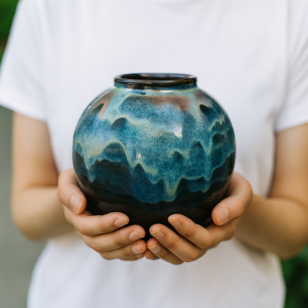 Handmade Ceramic Vase with Blue Drip Glaze - View 2